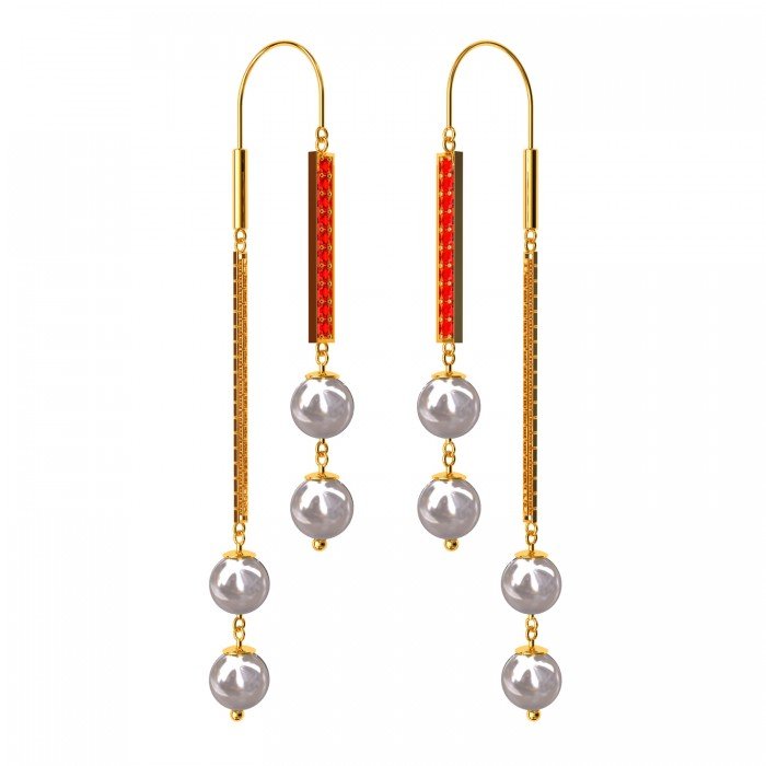 Bold Ruby Pearl Gold Hoop Earring